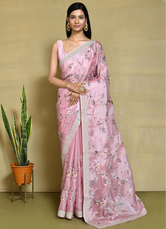 Satin Silk Pink Wedding Wear Embroidery Work Saree